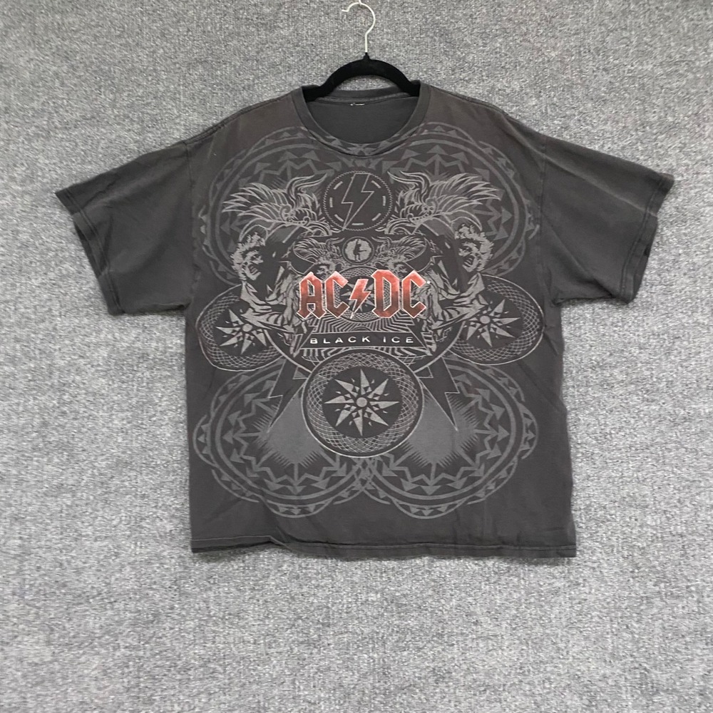 AC/DC Black Ice Tour Graphic T-Shirt Faded Black Rock Band Tee Mens Large